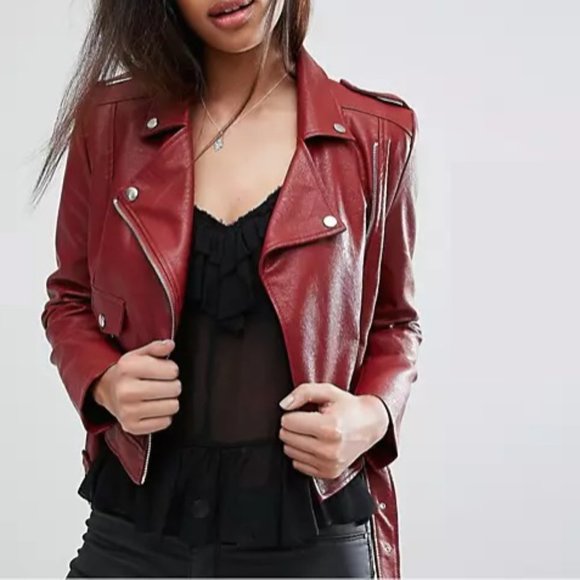 Red Moto Jacket - Belted - Urban - Trendy - Elegant - Asymmetric Zip Front - Picture 5 of 10